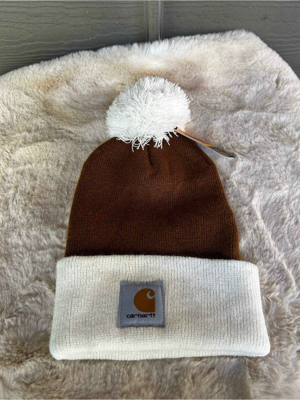 Carhartt Brown and White Pom Beanie - NWT
